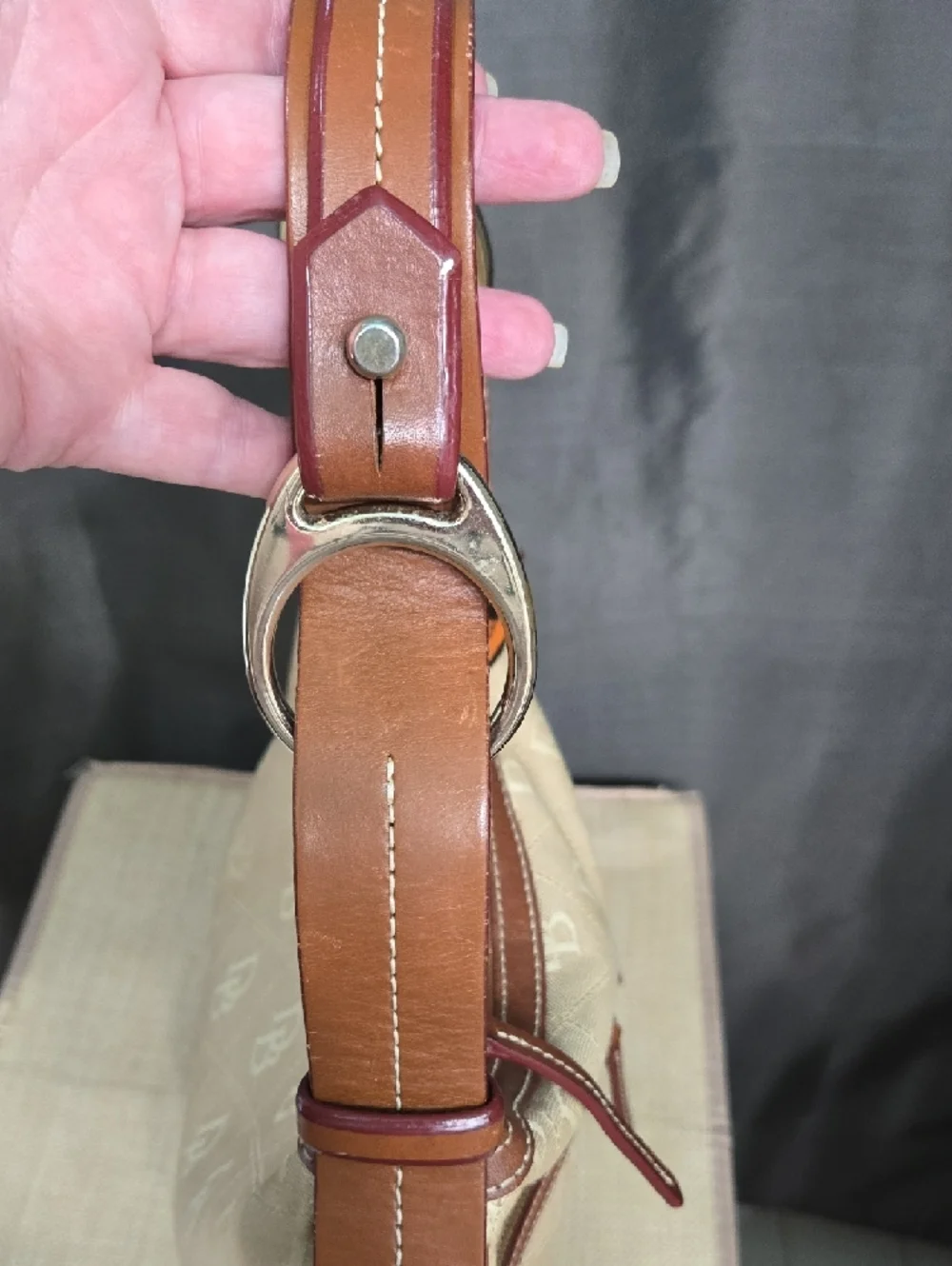 EUC Dooney & Bourke Beige and Brown Crescent Hobo with Orange Logo Charm